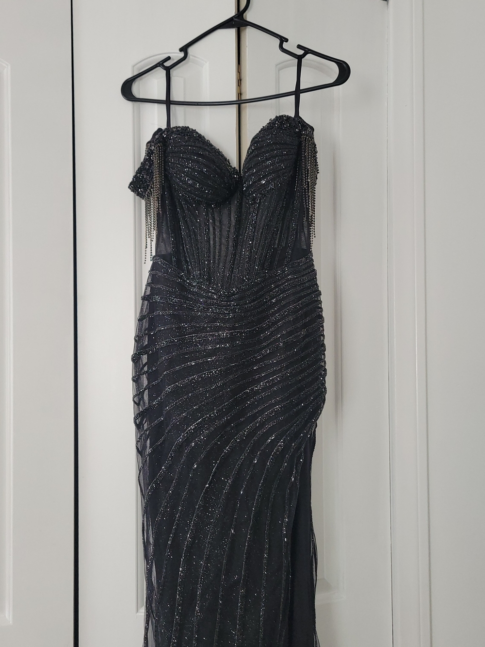 Black Beaded Evening Gown with Chain Fringe